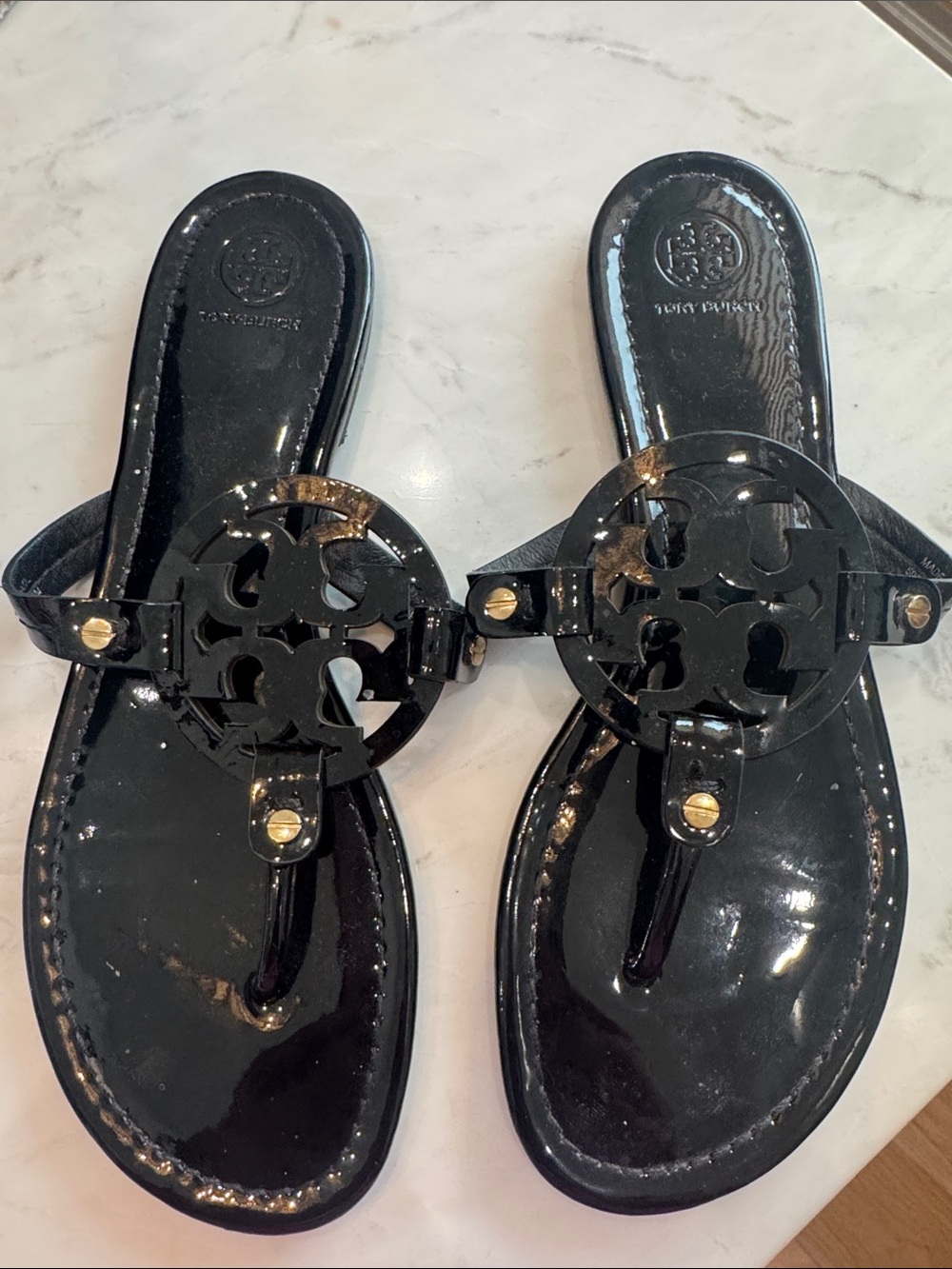 Tory Burch Black Patent Logo Thong Sandals